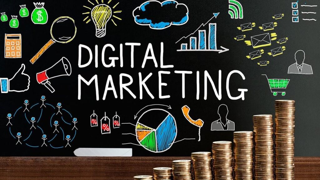 Pizarron con graficos de marketing digital